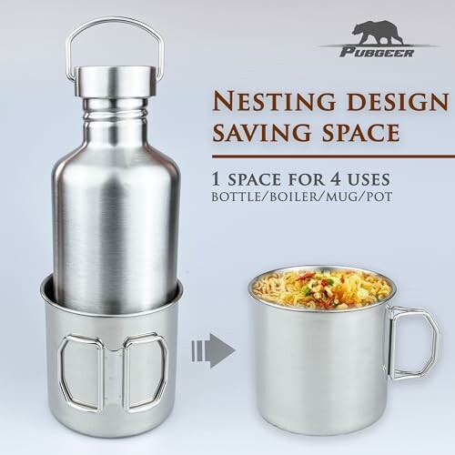 Stainless steel bottle and mug with nesting design for camping