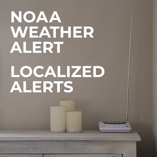 NOAA weather alert radio with candles on shelf
