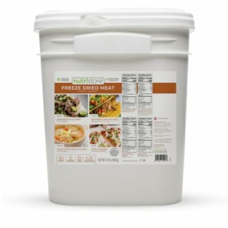 Nutristore freeze dried meat bucket with nutritional information.