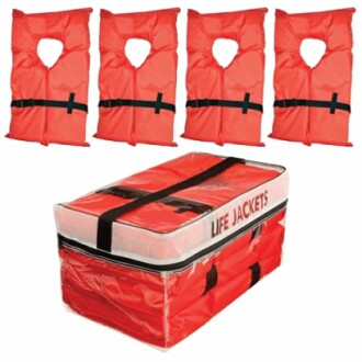 Four orange life jackets with a storage bag.