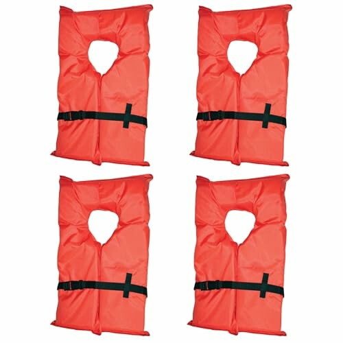 Four orange life jackets with black straps.