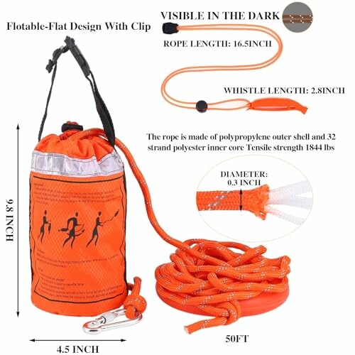 Orange safety rope with bag, whistle, and clip, 50 feet length.