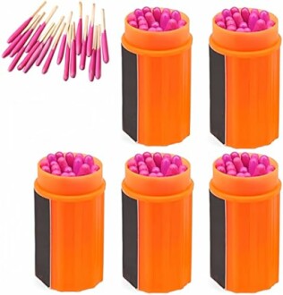 Waterproof orange match containers with pink-tipped matches.