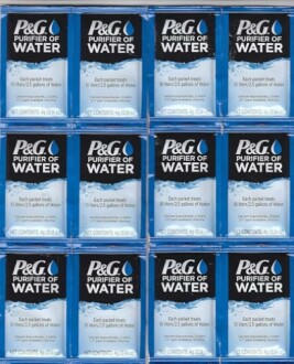 P&G Purifier of Water packets arranged in a grid.