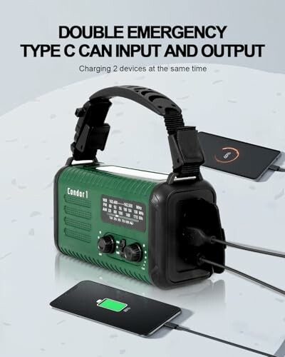 Portable charger with Type C input and output charging two devices simultaneously.