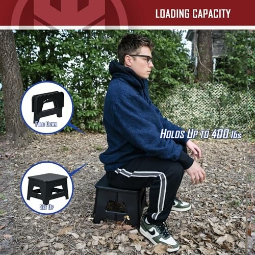 Person sitting on a portable folding stool outdoors.