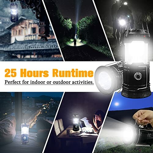 Collage of portable lantern used in various outdoor and indoor settings, highlighting 25 hours runtime.