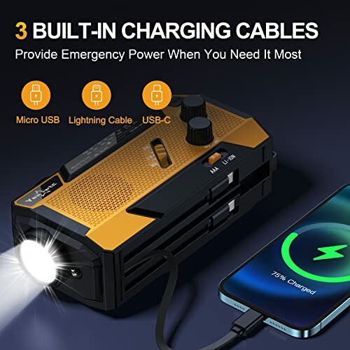 Portable power bank with built-in charging cables and flashlight.