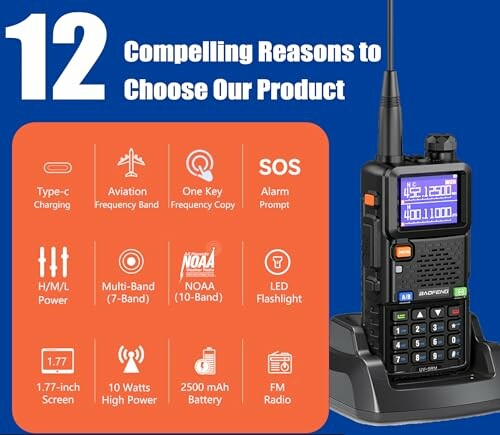 Features of a portable radio including charging type, frequency bands, and battery capacity.