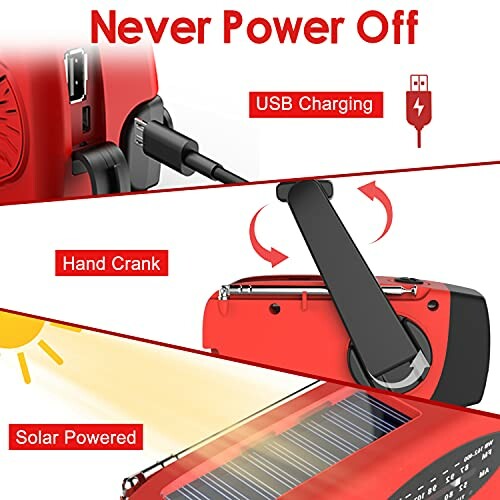 Red portable radio with USB charging, hand crank, and solar power features.