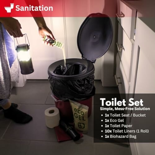 Portable toilet set with eco gel and biohazard bag.