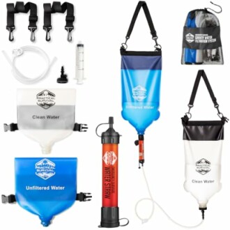Portable water filtration system with bags, filter, and accessories.