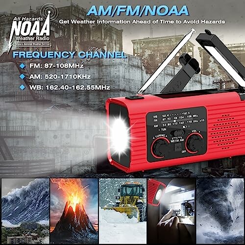 Portable weather radio with AM/FM/NOAA channels and flashlight feature.