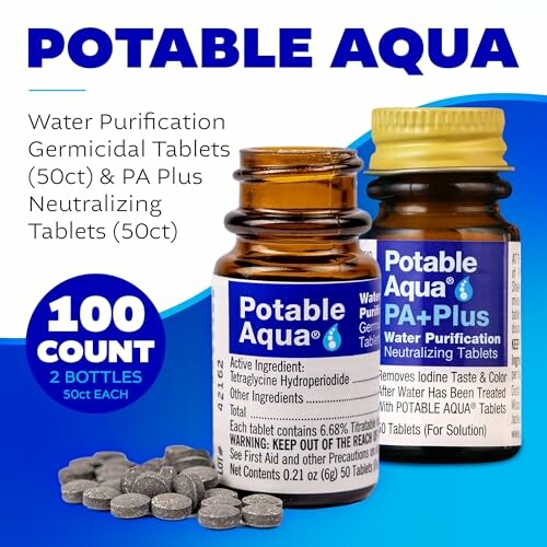 Potable Aqua water purification tablets and PA Plus neutralizing tablets with bottles and tablets displayed.