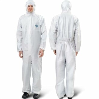 Front and back view of a person wearing white protective coveralls.