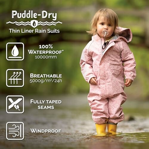 Child in pink rain suit with waterproof and breathable features.