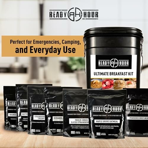 Ready Hour Ultimate Breakfast Kit with various food packets for emergencies and camping.