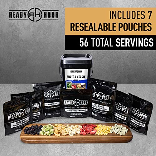 Ready Hour fruit and veggie sampler with 7 resealable pouches and 56 total servings.