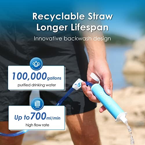 Person using a recyclable water filter straw with 100,000 gallons capacity and 700 ml/min flow rate.
