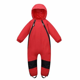 Red children's snowsuit with hood and black accents.