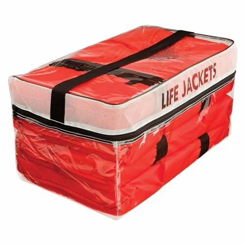 Red life jacket storage bag with black handles and clear top.
