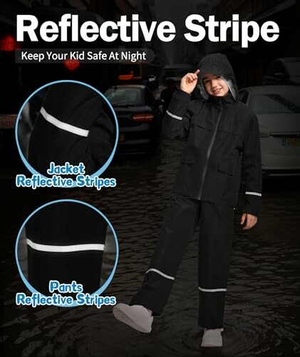 Child wearing a rain suit with reflective stripes for safety.