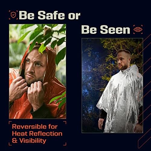 Man wearing reversible safety poncho, orange for heat reflection, silver for visibility.