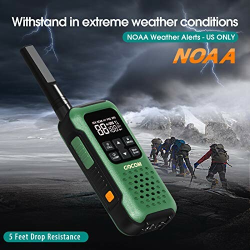 Rugged walkie-talkie with NOAA weather alerts and extreme weather resistance.