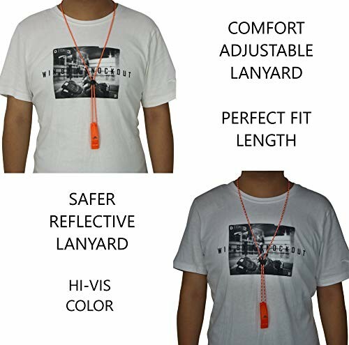 Person wearing a safety lanyard with reflective and adjustable features.