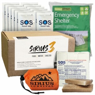Sirius 3 survival kit with SOS food, water, and emergency shelter.