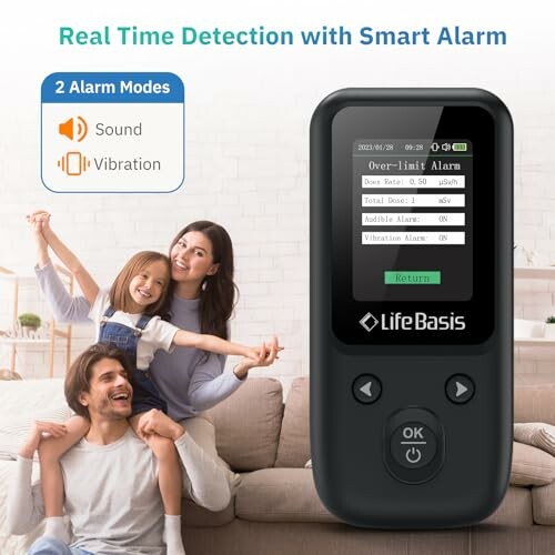 Family with smart alarm device showing two alarm modes: sound and vibration.