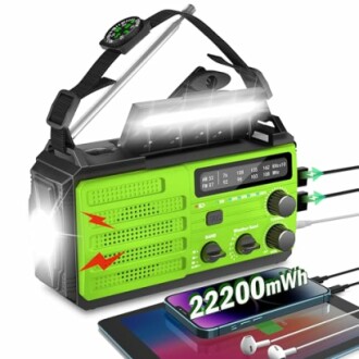 Solar hand crank radio with flashlight and charging ports.