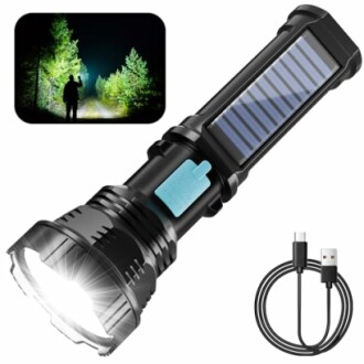 Solar-powered flashlight with charging cable and outdoor lighting scene.