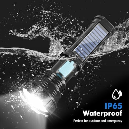 Waterproof solar-powered flashlight with bright light and IP65 rating.