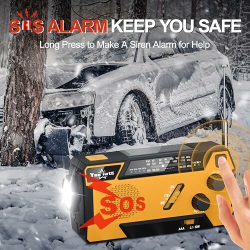 Emergency radio with SOS alarm feature and a crashed car in snowy forest.