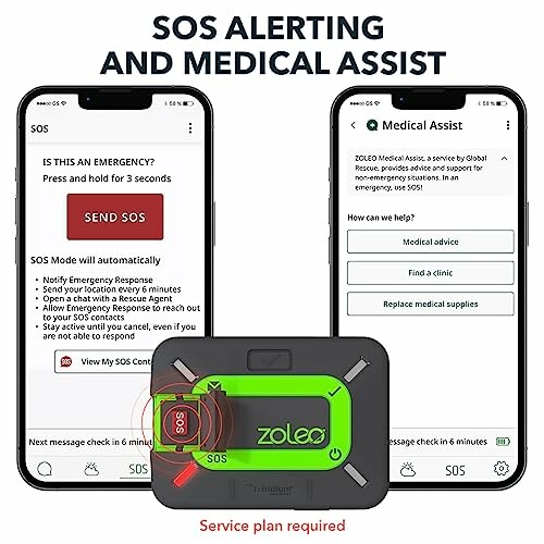 Smartphone app interface for SOS alerting and medical assistance with ZOLEO device.