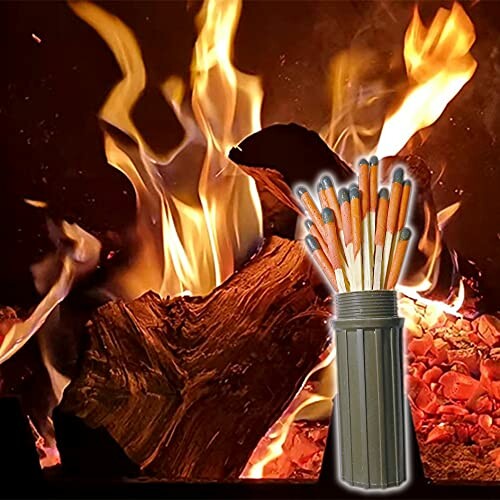 Stormproof matches with a campfire background.