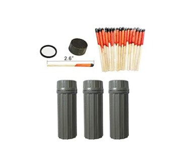 Stormproof matches kit with three waterproof containers and extra matchsticks.