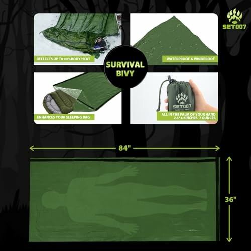 Survival bivy features including size, heat reflection, waterproofing, and compact storage.