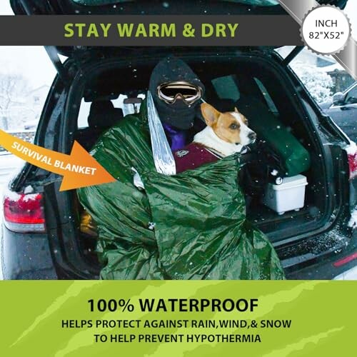Person and dog wrapped in a survival blanket in a car trunk during winter.