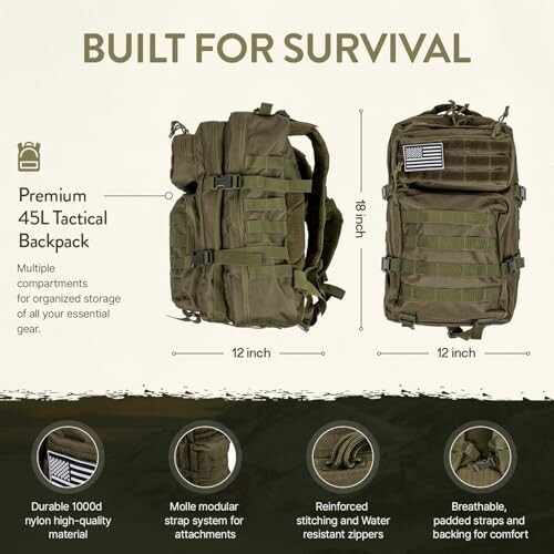 Green tactical backpack with multiple compartments and durable material.