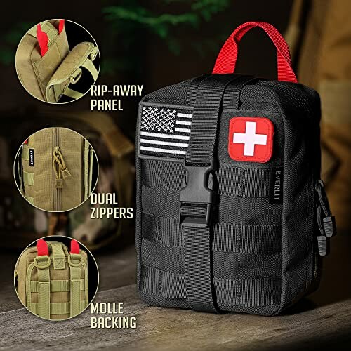 Tactical first aid kit with rip-away panel and MOLLE backing.