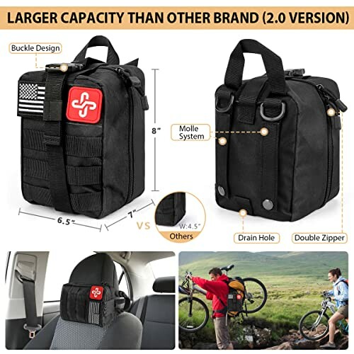 Black tactical MOLLE first aid pouch with buckle design, drain hole, and double zipper, suitable for outdoor activities and vehicle use.