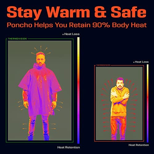 Thermal image comparing heat retention of a person wearing a poncho versus without.