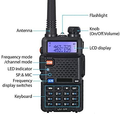 Diagram of a two-way radio with labeled parts including antenna, flashlight, knob, LCD display, frequency mode, LED indicator, SP. & MIC, frequency display switches, and keyboard.
