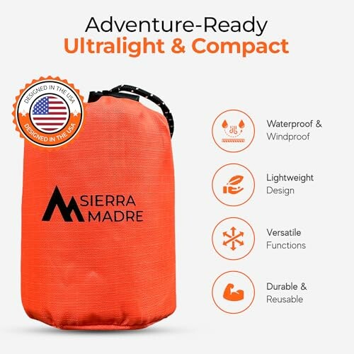 Orange Sierra Madre ultralight and compact adventure bag with features listed: waterproof, windproof, lightweight, versatile, durable.