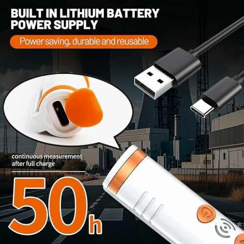 Device with built-in lithium battery, USB charge, 50-hour use.
