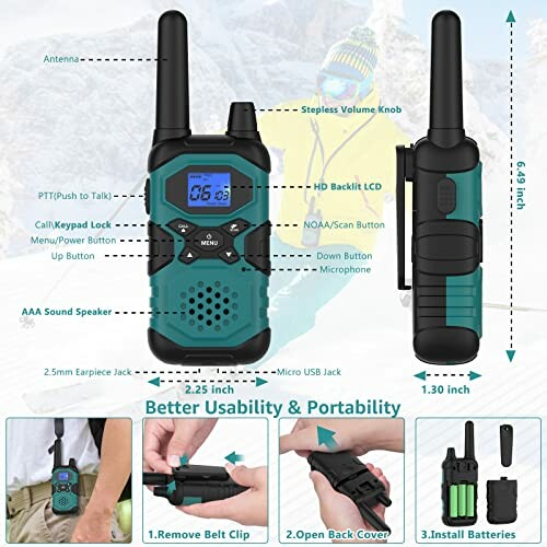 Walkie talkie features and dimensions with images of parts.
