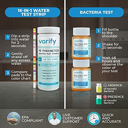 Varify water and bacteria test kit instructions and components.
