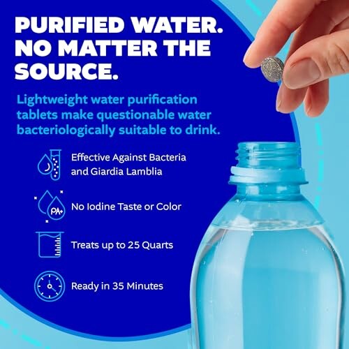 Purified water advertisement with tablets and benefits.